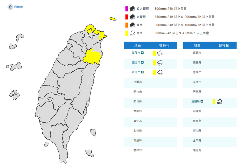 氣象署今天凌晨3點15分發布大雨特報，基隆北海岸及宜蘭、台北山區有局部大雨發生的機率。   圖：氣象署提供