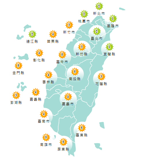 氣象署發布各地紫外線指數預報概況。   圖：氣象署提供