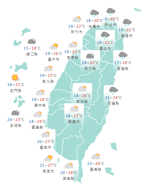 氣象署公布各地天氣預報概況。   圖：氣象署提供