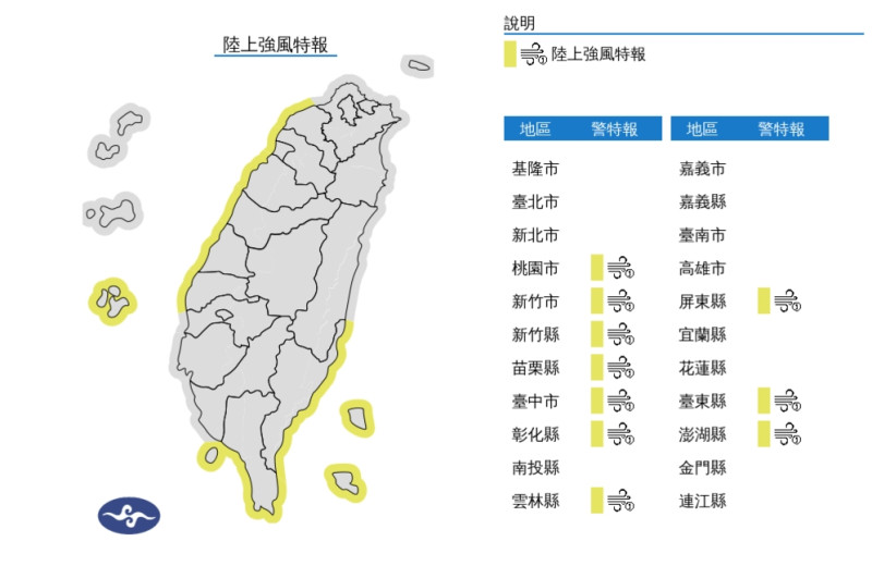 今天東北風明顯偏強，桃園至雲林沿海空曠地區及恆春半島、蘭嶼、綠島、澎湖易有9至10級強陣風。   圖/中央氣象署