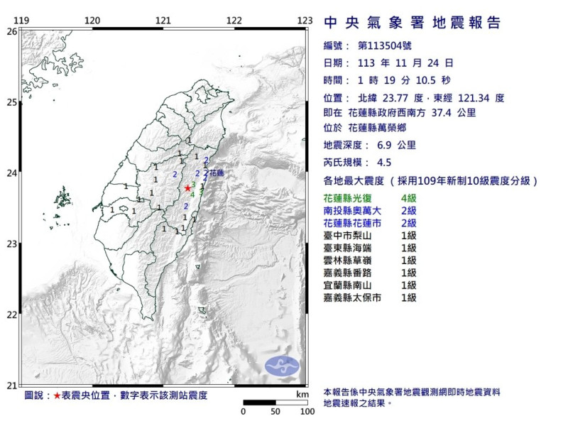 今（24）天凌晨1點19分花蓮發生規模4.5地震。   圖：氣象署提供