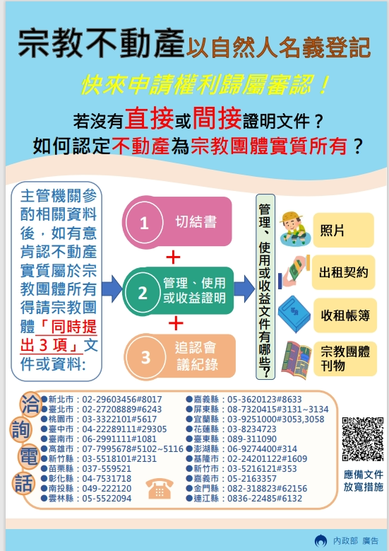 宗教不動產以自然人名義登記者，快來申請權利歸屬審認。   圖：內政部提供