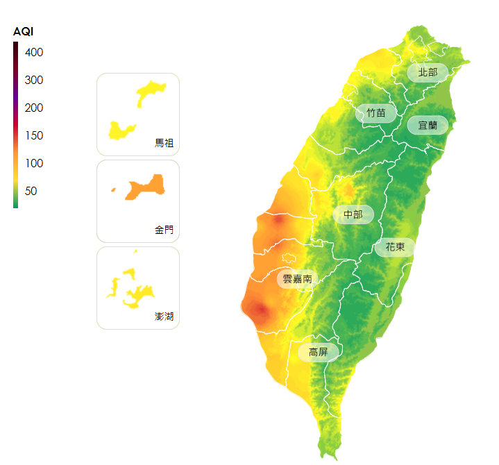 環境部稍早針對雲林縣崙背及台南市安南2地區緊急發布AQI大於150空汙紅色警報，提醒所有族群減少外出並配戴口罩。   圖：翻攝自環境部空氣品質監測網