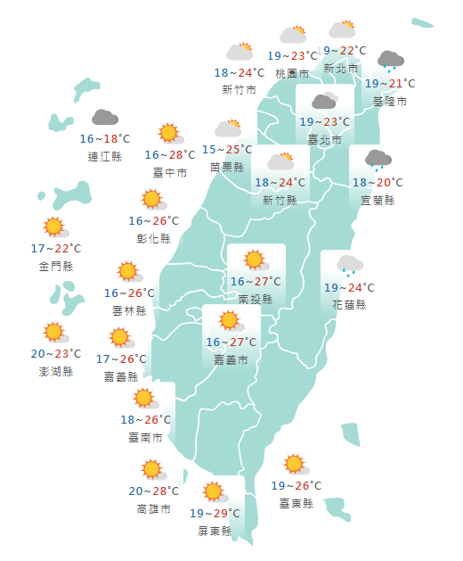 氣象署公布各地天氣預報概況。   圖：氣象署提供