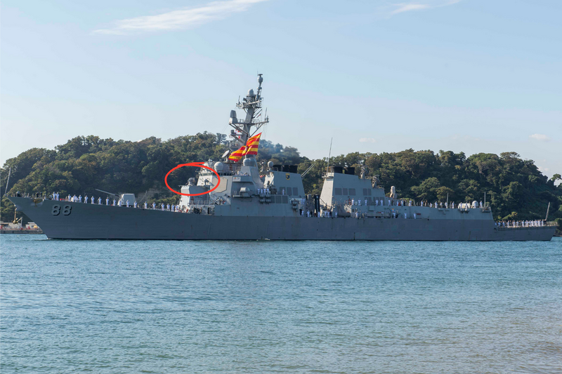 「普雷貝爾號」驅逐艦，艦身前段(紅圈處)裝有美國海軍首套「雷射光學炫目暨監視整合系統」(HELIO)。   圖：翻攝DVIDS網站