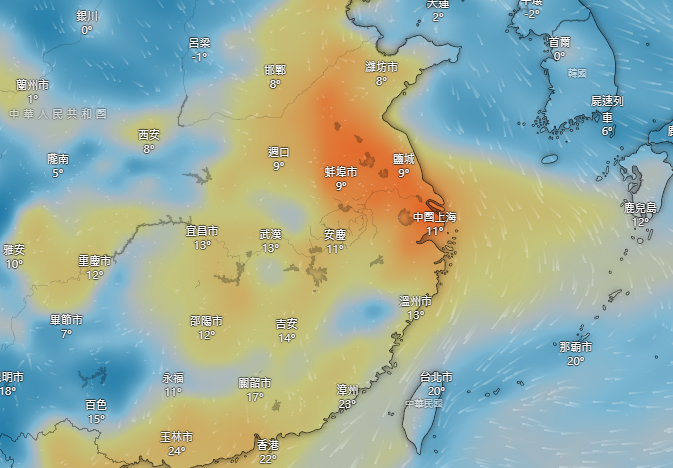 中國山東至上海地區已出現霾害，結合明日起東北季風增強，境外汙染物恐隨季風移動至台灣西半部地區。   圖：翻攝自Windy.com全球空氣品質監測網