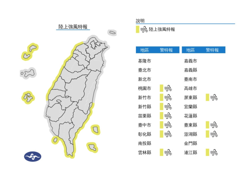 今天東北季風增強，中央氣象署針對11縣市發布陸上強風特報。   圖/中央氣象署