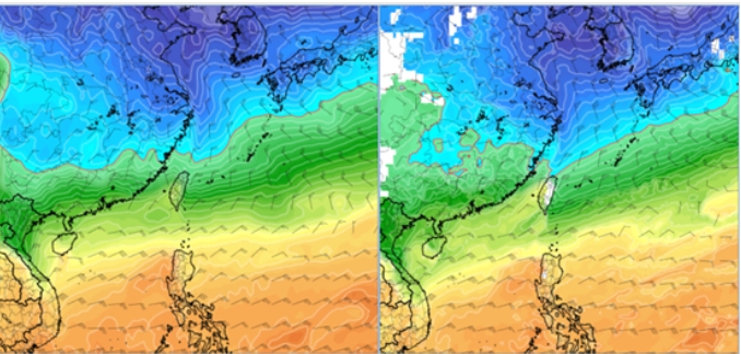 最新(6日20時)歐洲模式(ECMWF)，下周六(14日)20時模擬圖顯示，850百帕零度(紅)線，在北部近海(左圖)。最新(6日20時)美國模式(GFS)，14日20時模擬圖則顯示，850百帕零度(紅)線，已觸及北部陸地(右圖)。   圖/取自氣象應用推廣基金會「洩天機教室」專欄