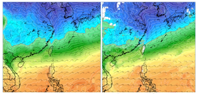 最新(7日20時)歐洲模式(ECMWF)，週六(14日)20時模擬圖顯示，850百帕零度(紅)線，在北部近海(左圖)。最新(7日20時)美國模式(GFS)，14日20時模擬圖則顯示，850百帕零度(紅)線，已觸及北部陸地(右圖)。   圖/取自「氣象應用推廣基金會」