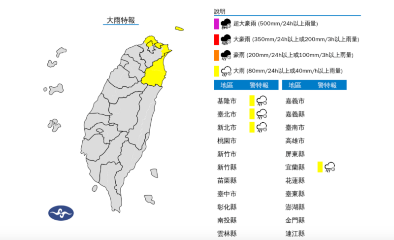 今(8)日基隆北海岸、宜蘭地區及台北市山區有局部大雨發生的機率，請注意瞬間大雨，山區請慎防坍方及落石。   圖：翻攝自中央氣象署官網