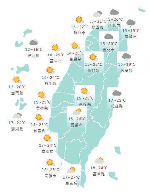 氣象署公布各地天氣預報概況。   圖：氣象署提供