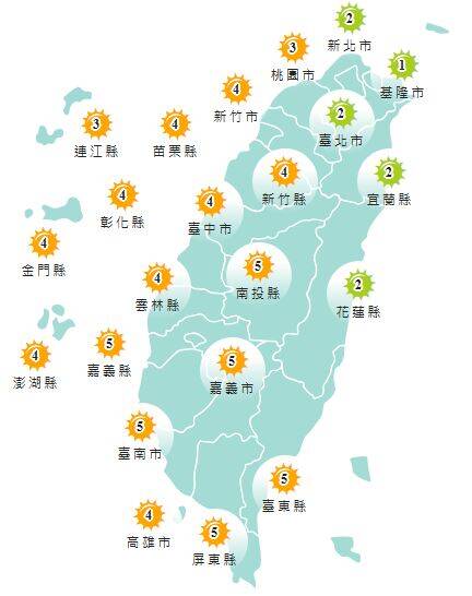 氣象署發布各地紫外線指數預報概況。   圖：氣象署提供