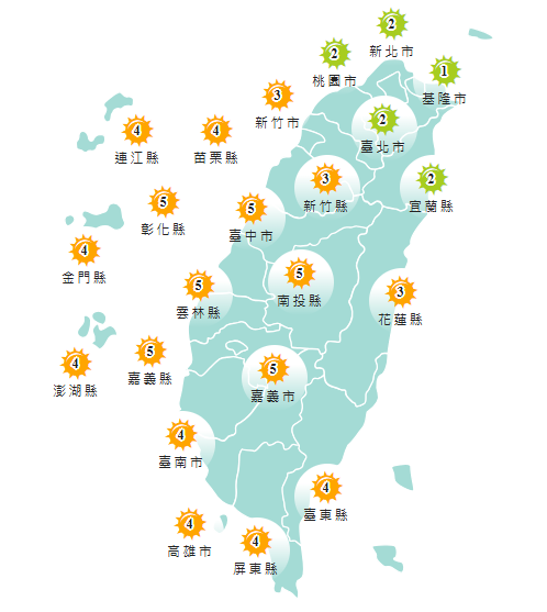 氣象署發布各地紫外線指數預報概況。   圖：氣象署提供