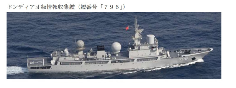 日本防衛省統合幕僚監部13日通報解放軍815A型電子偵察艦「開陽星號(舷號796)」經沖繩本島至宮古島之間海域進入太平洋。   圖：翻攝mod.go.jp