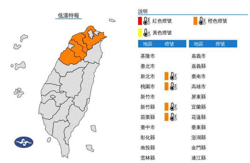 中央氣象署14日下午針對新北市、桃園市、新竹縣和苗栗縣等4北台灣縣市發布橘色低溫特報。   圖：中央氣象署／提供