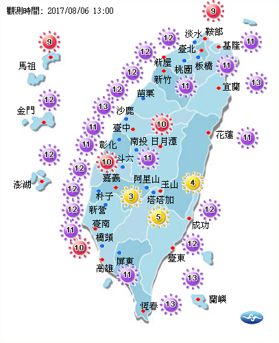 過了中午之後，全台共有24測站紫外線達危險等級，台灣地圖呈現一片紫的盛況。   圖：中央氣象局