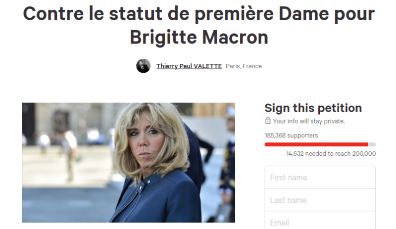 已經64歲的法國總統夫人碧姬‧托涅離「第一夫人」僅一步之遙，但受到逾18萬人連署反對。   圖：翻攝change.org網站