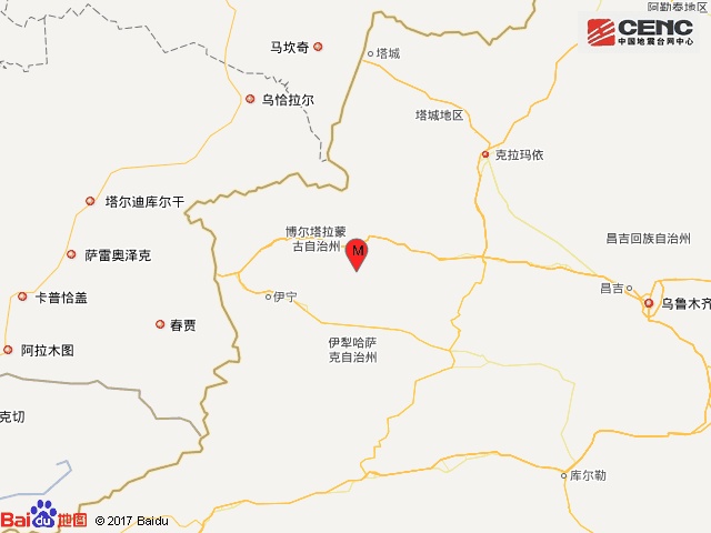 新疆博爾塔拉州精河縣（北緯44.27度，東經82.89度），上午也發生6.6级地震。   圖:翻攝自百度地圖