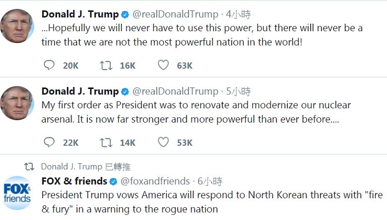 川普今天一早連發2則推文表示，美國核子軍火庫比以往都還更強大，「希望我永遠不要用到這項武力」。   圖：翻攝川普推特