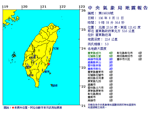 今(11)日早晨9:58台東發生地震，芮氏規模5.0，地震深度22.4公里。   圖：中央氣象局