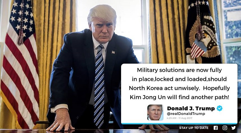 美國總統川普今（11）日再度嗆北韓，指軍事解決已全面就緒，砲彈上膛。   圖：翻攝川普臉書