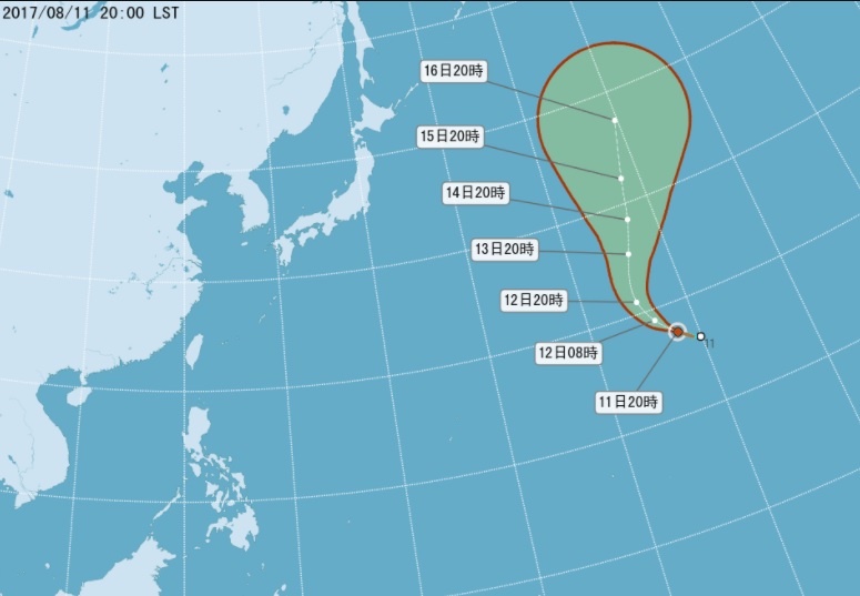 今年第12號輕度颱風榕樹11日晚間形成，距離台灣仍遠，預測對台灣無威脅。   圖：翻攝中央氣象局網站