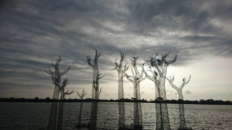 2017桃園地景藝術節亮點之一的劉柏村的《花非花樹非樹》，利用不鏽鋼材質製作12棵各種不同造型的白千層樹，與當地生態相映成趣，極富觀賞趣味。   圖：桃園市文化局提供