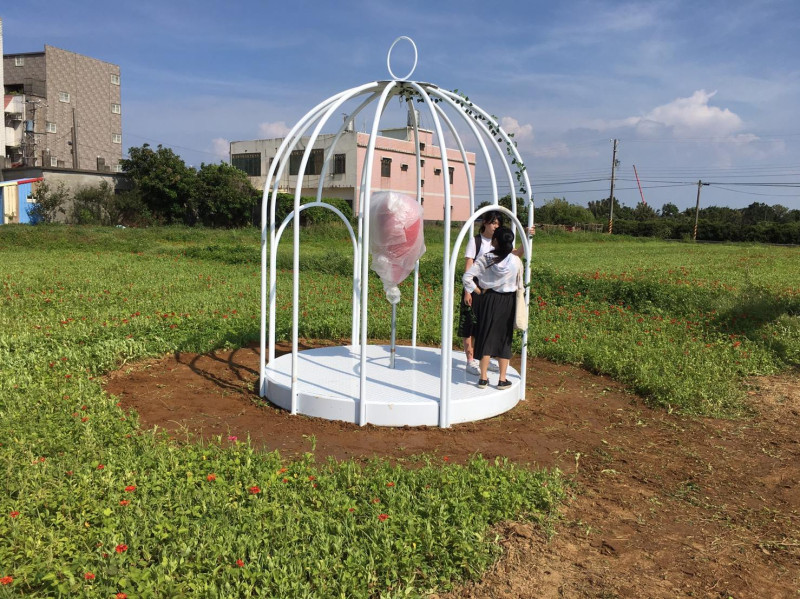 2017桃園地景藝術節，龍華科技大學「愛心束」，以沒有門的籠子裝著一棵愛心型態的花樹，象徵愛的自由。   圖：桃園市府文化局提供