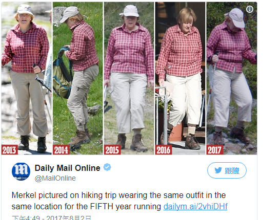 英國《每日郵報》報導，德國總理梅克爾連續5年穿同一套衣服登山度假。   圖：翻攝《每日郵報》推特