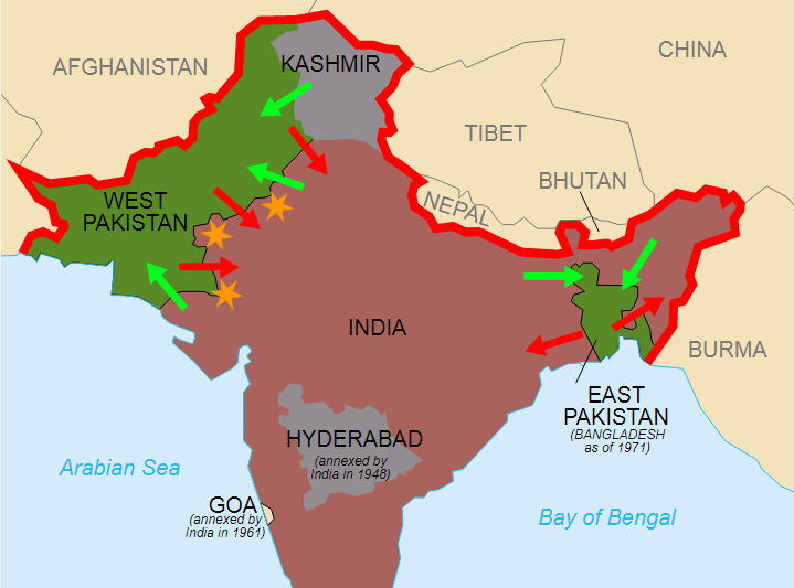 印度與巴基斯坦各自獨立70年，當初英國依宗教分治，紅色箭頭代表印度教徒與錫克教徒遷出，綠色箭頭代表伊斯蘭教徒的遷出。   圖：翻攝維基網站