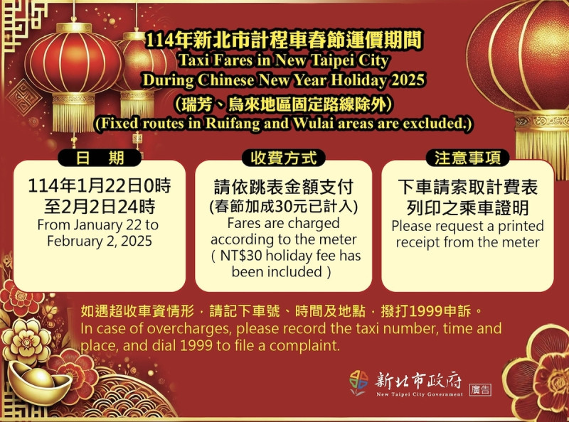 2025年北北基計程車春節運價加成收費同步實施。。   圖：新北市交通局/提供