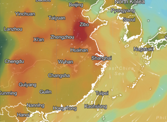 環境部16日警告，中國山東至上海一帶有霾害現象。   圖：翻攝自IQAir空氣品質監測網