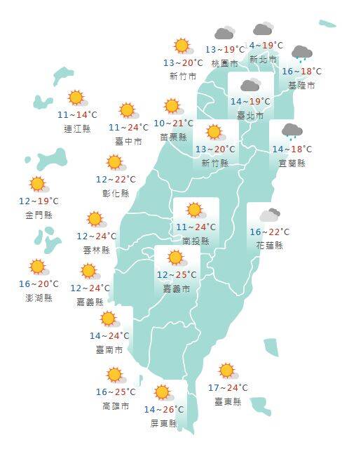 氣象署公布各地天氣預報概況。   圖：氣象署提供