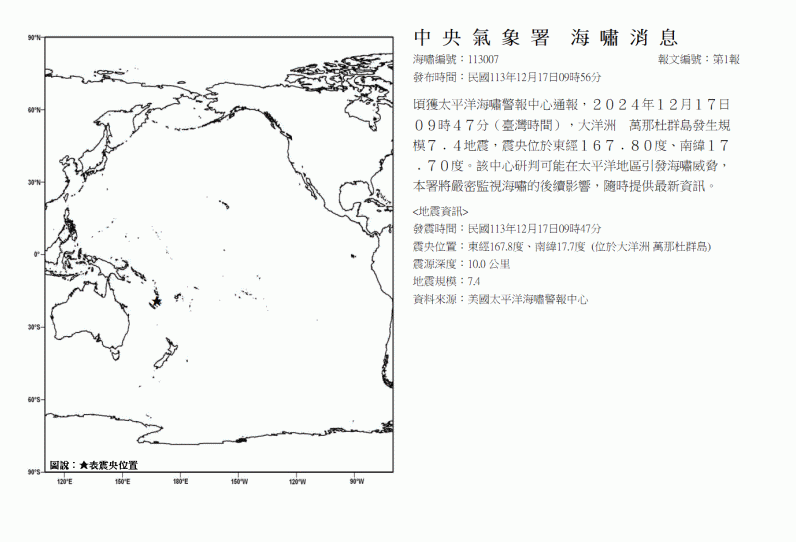 台灣時間今晨9點47分，萬那杜發生規模7.4強震，震源極淺，恐引發海嘯，氣象署與太平洋海嘯警報中心已發布警報。   圖：翻攝自氣象署網站