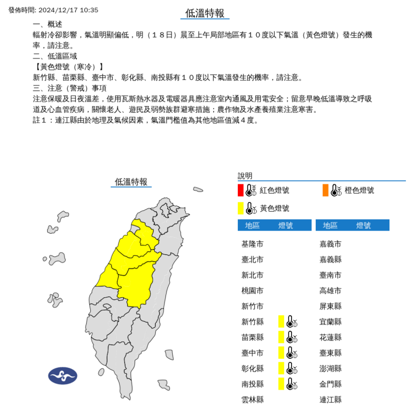 氣象署表示，受輻射冷卻影響，明晨新竹、苗栗、台中、彰化及南投氣溫恐降至10度以下，請留意低溫。   圖：氣象署／提供