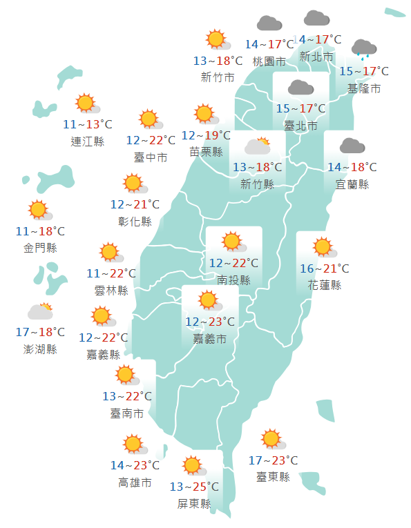 氣象署公布各地天氣預報概況。   圖：氣象署提供