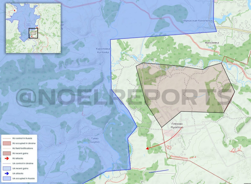 俄軍向普列霍沃西北推進，到達庫雷洛夫卡郊區。   圖：翻攝自 NOELREPORTS X 帳號