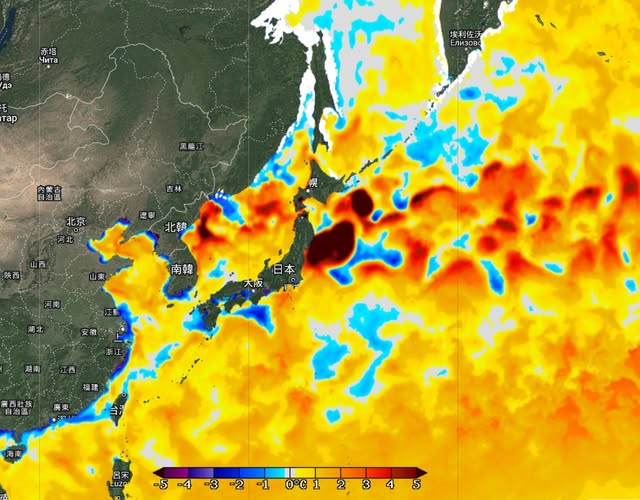 鄭明典22日曬出海溫圖感嘆，雖然冬季海溫稍降，但和氣候平均值相比，海溫仍然偏暖。   圖：翻攝自鄭明典臉書