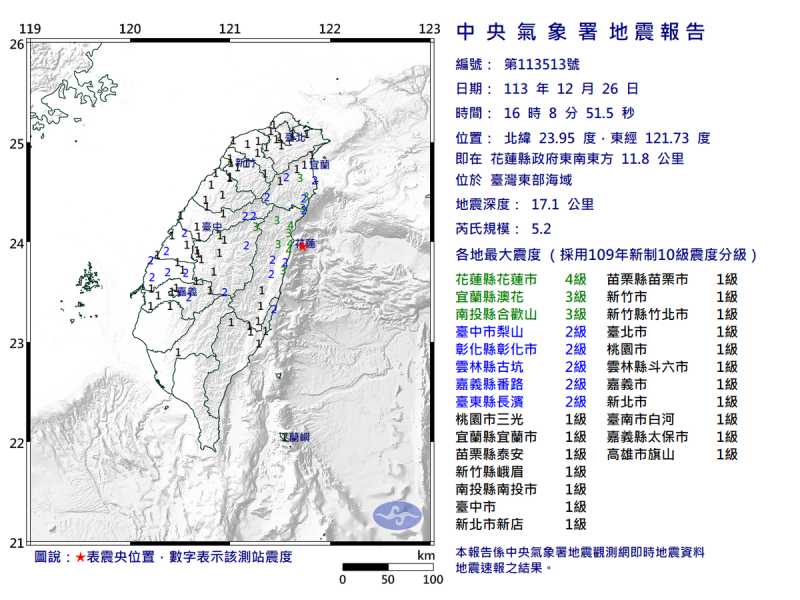 花蓮地區26日下午16時8分發生芮氏規模5.2地震，中央氣象署研判屬於0403花蓮大地震的餘震。   圖：中央氣象署／提供