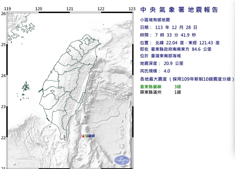 今天清晨東南部海域地震，最大震度為台東縣蘭嶼3級。   圖/中央氣象署