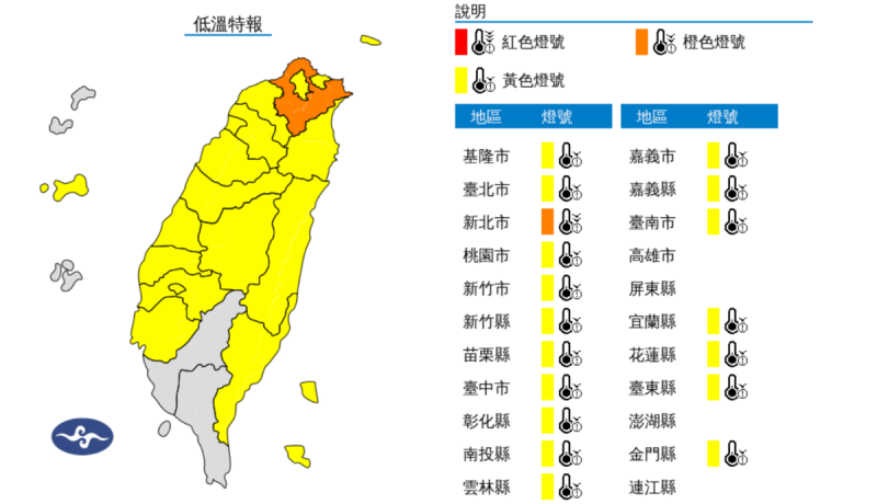 中央氣象署發布低溫特報，今日至明日清晨強烈大陸冷氣團及輻射冷卻影響，各地氣溫明顯偏低，有10度以下氣溫(黃色燈號)發生的機率。   圖：翻攝自中央氣象署官網