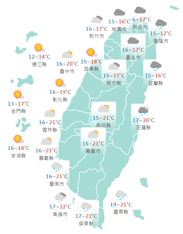 氣象署公布各地天氣預報概況。   圖：氣象署提供