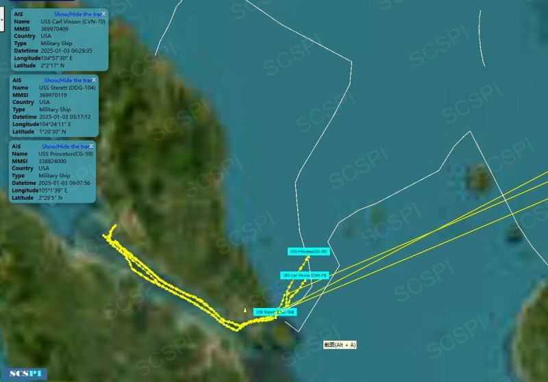 中國半官方智庫「南海戰略態勢感知」(SCSPI)發布卡爾文森號航艦打擊群動態，3日上午位置在新加坡東北方靠近印尼廖內群島(Kepulauan Riau)海域。   圖：翻攝「X」@SCS_PI
