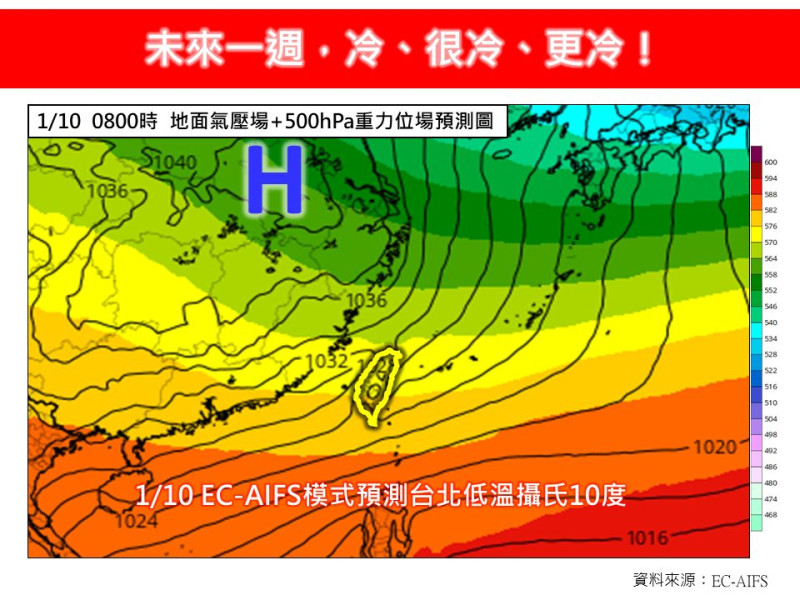 林老師氣象站評估，強度接近於大陸冷氣團與強烈大陸冷氣團等級之間，北部低溫將下探至10度。   圖：翻攝自林老師氣象站臉書