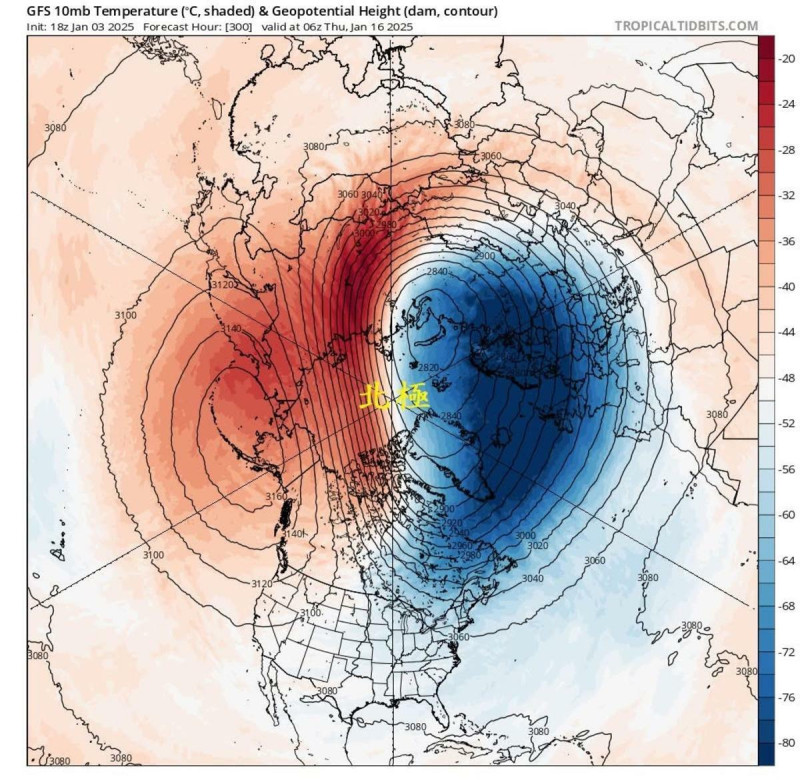 北極上空，大約30公里高空的等高線和溫度(底色)分布圖。（1/16）   圖：鄭明典 臉書