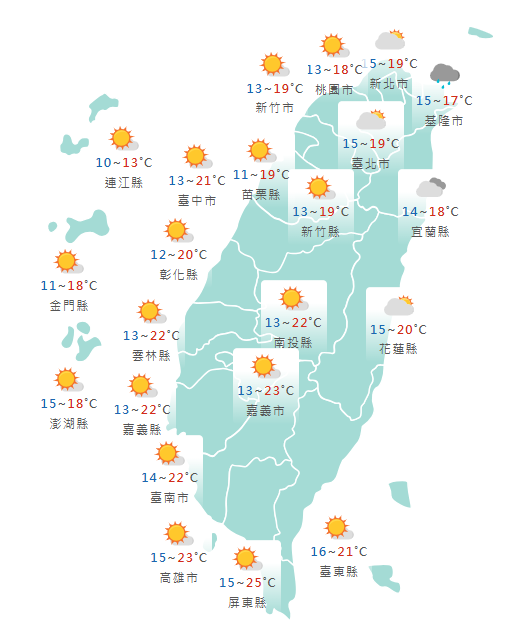 氣象署公布各地天氣預報概況。   