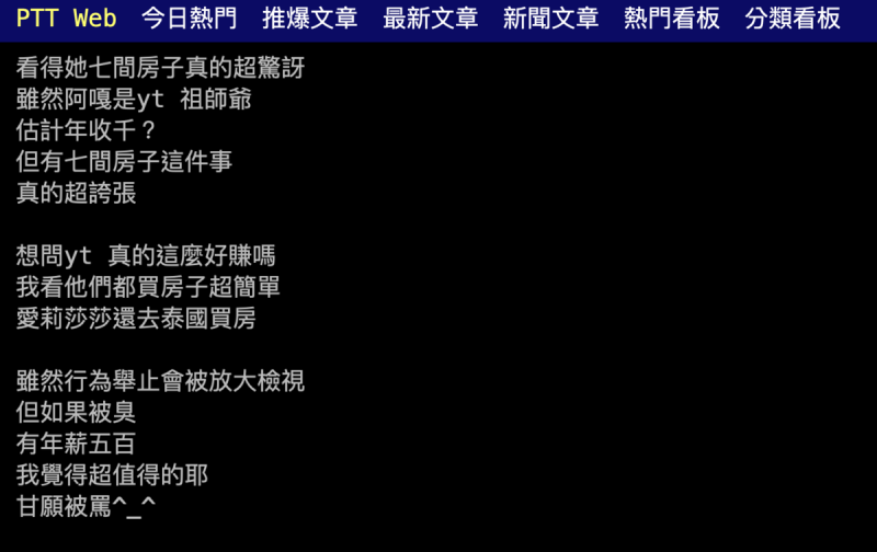 有網友好奇詢問「雖然阿嘎是YT祖師爺，但有7間房子這件事真的超誇張，想問YT真的這麼好賺嗎？」。   圖：翻攝自PTT