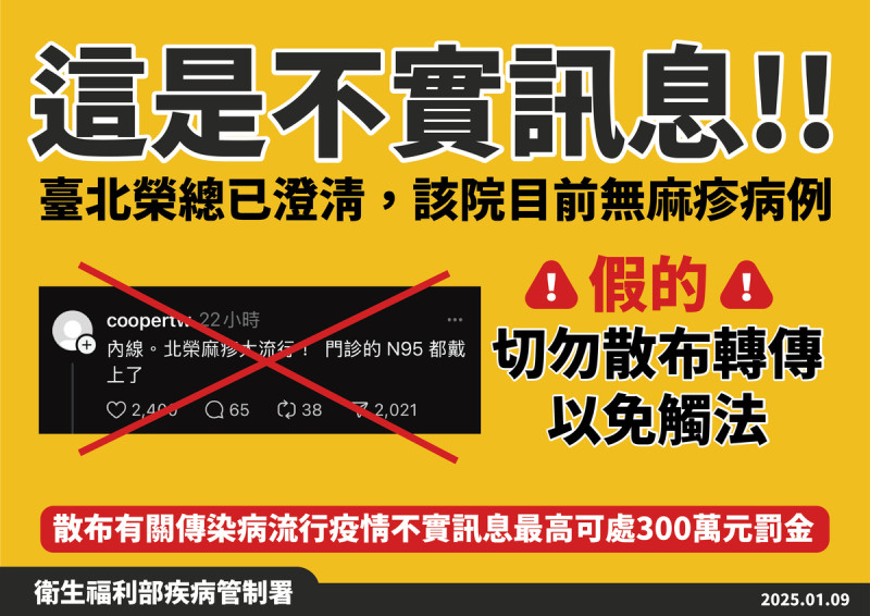 「北榮麻疹流行」為不實傳言，疾管署呼籲勿散布有關傳染病疫情的不實訊息，最高可依法處新台幣300萬元以下罰金。   圖：疾管署／ 提供