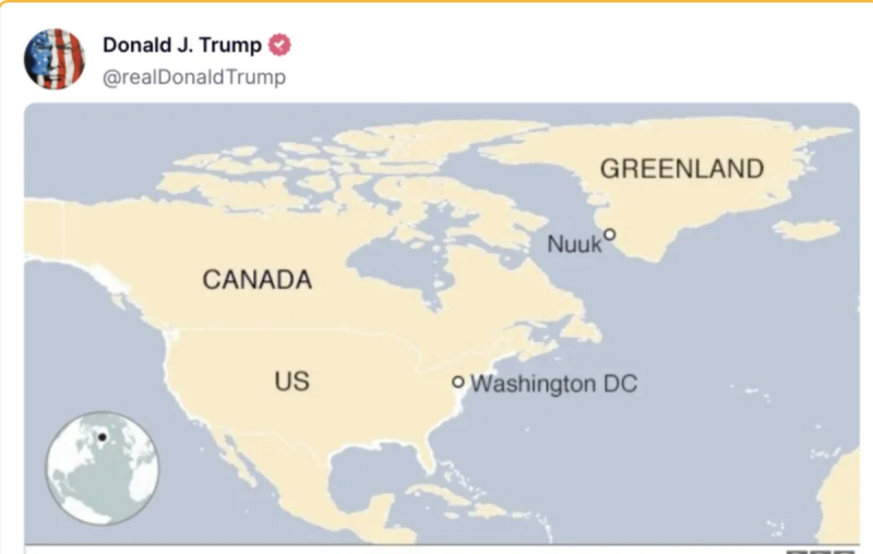 美國候任總統川普當地時間 8 日在其自創社交平台Truth Social發布一張「新地圖」，圖上丹麥的格陵蘭島、加拿大和美國均用統一的黃色標記。   翻攝自 Truth Social Donald J. Trump