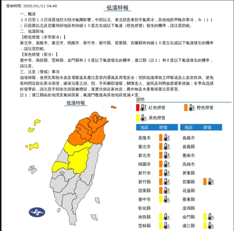 中央氣象署針對全台13縣市發布低溫特報，提醒注意保暖。   圖/中央氣象署